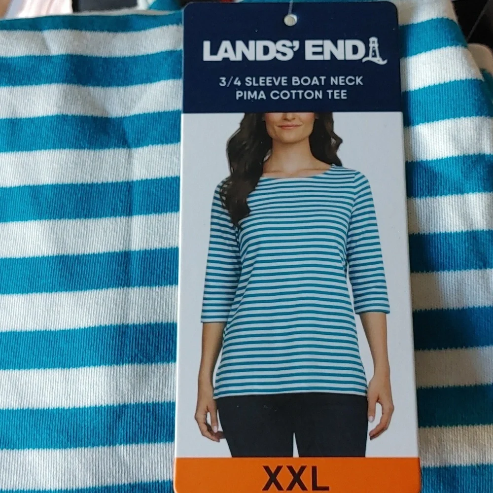 NWT Lands' End 3/4 Sleeve Boat Neck Pima Cotton Tee Blue/White Stripes‎